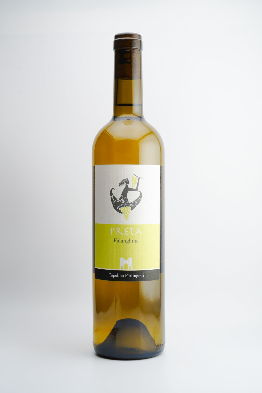 A bottle of 2022 Capolino Perlingieri 'Preta', Falanghina del Sannio DOC wine with a white label featuring a graphic of a rooster.