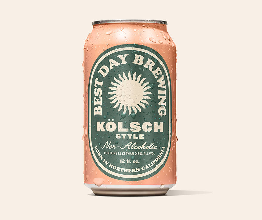 Can of Best Day Brewing Kolsch Style Non-Alcoholic beer on a beige background