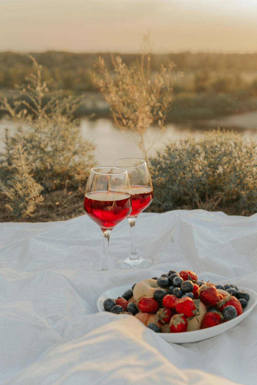 Two glasses of chilled red wine on a picnic blanket with a bowl of berries