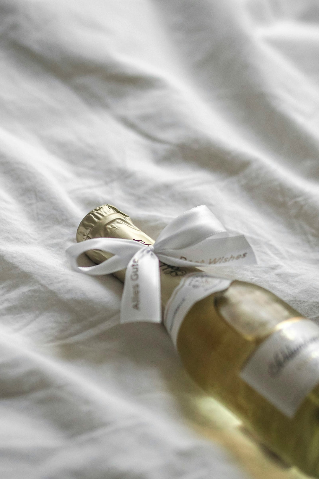 A bottle of white wine tied with a ribbon as a gift