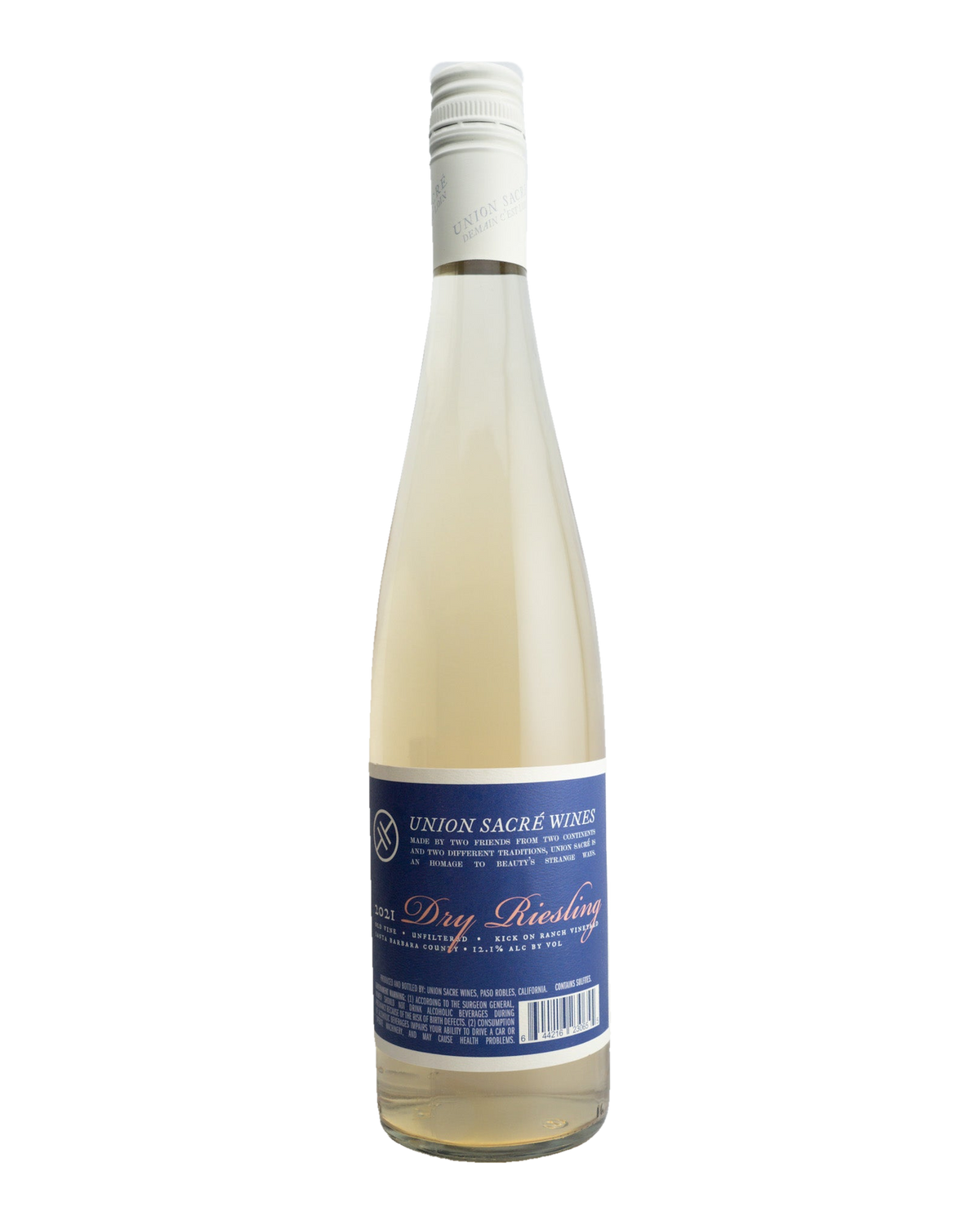A bottle of 2021 Union Sacré Dry Riesling wine with a white label and blue text, indicating the brand and variety.