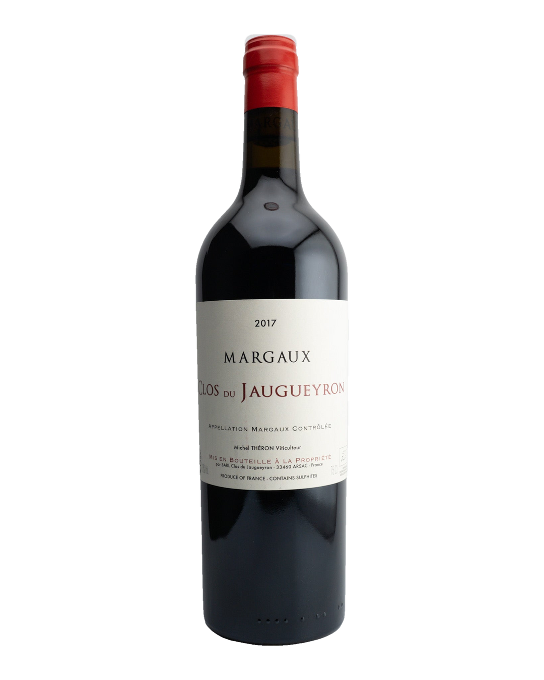 A bottle of 2017 Clos du Jaugueyron Margaux wine with a red cap and label, indicating it is a red wine from Bordeaux, France.