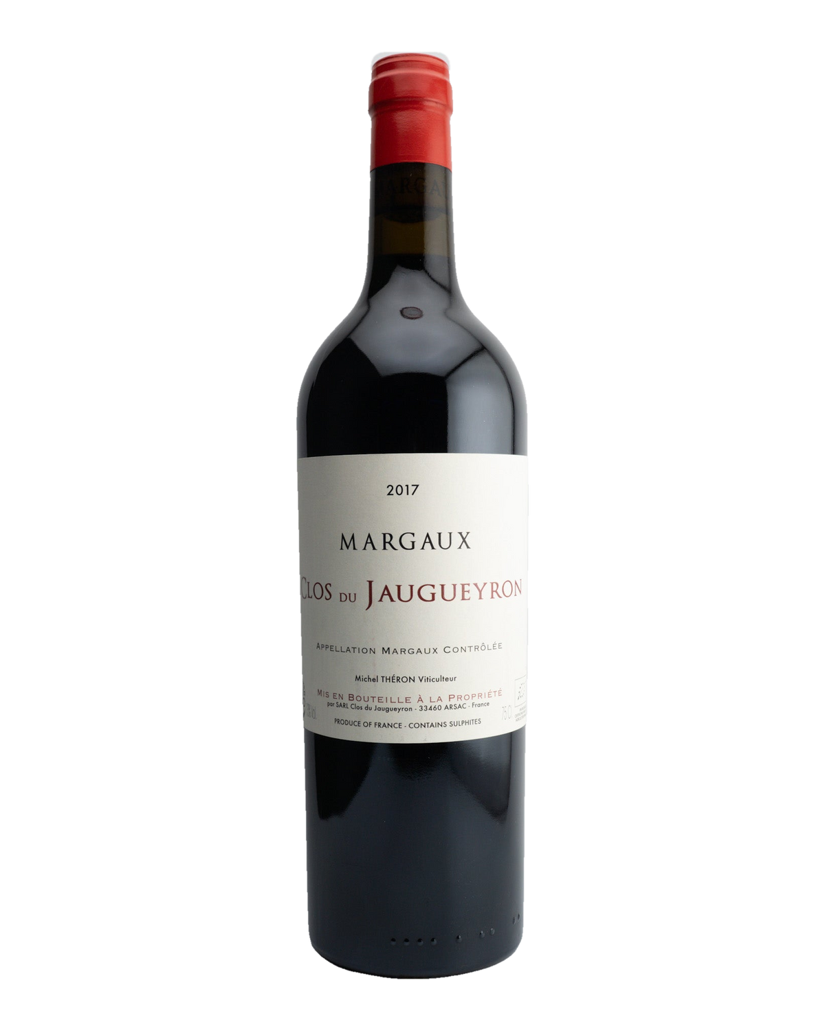 A bottle of 2017 Clos du Jaugueyron Margaux wine with a red cap and label, indicating it is a red wine from Bordeaux, France.