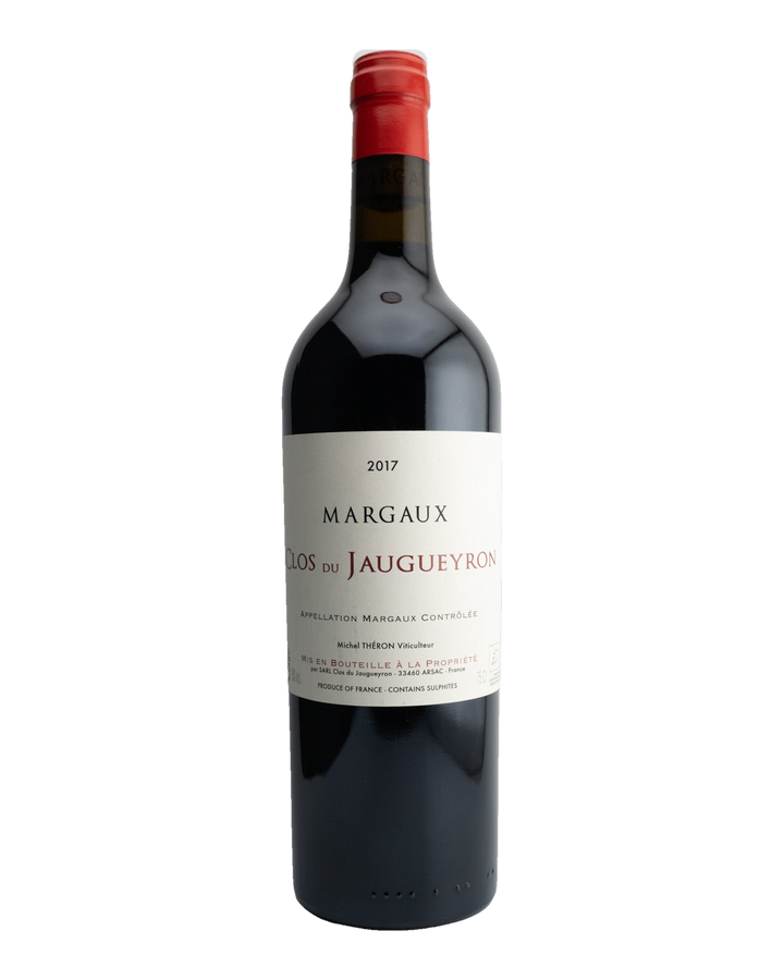 A bottle of 2017 Clos du Jaugueyron Margaux wine with a red cap and label, indicating it is a red wine from Bordeaux, France.