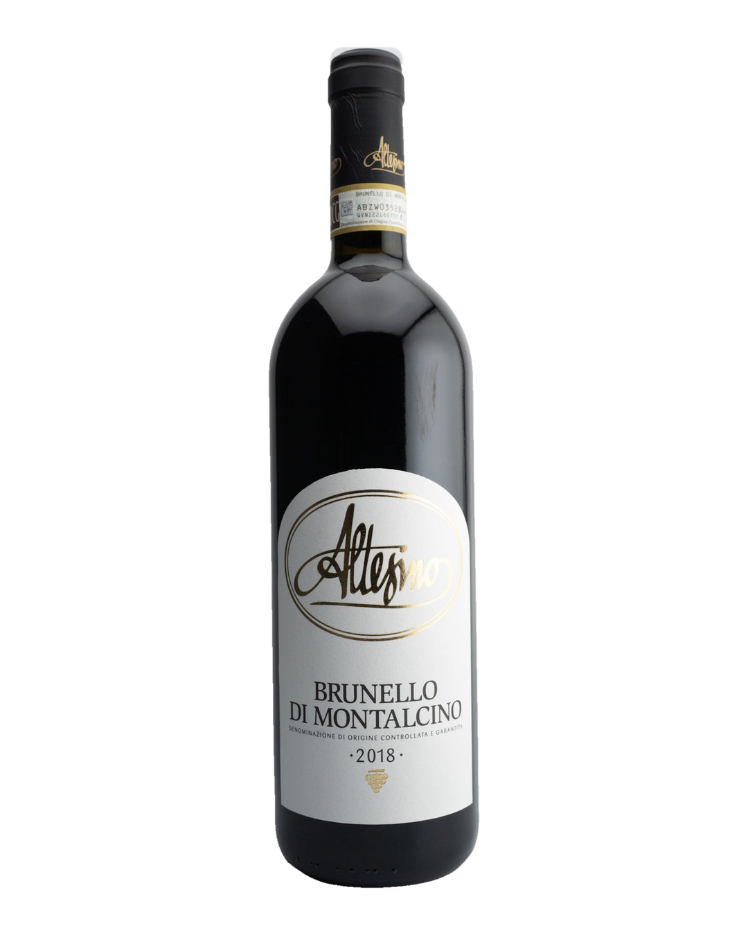A bottle of 2018 Altesino Brunello di Montalcino wine with a label showing the brand name and the vintage year.