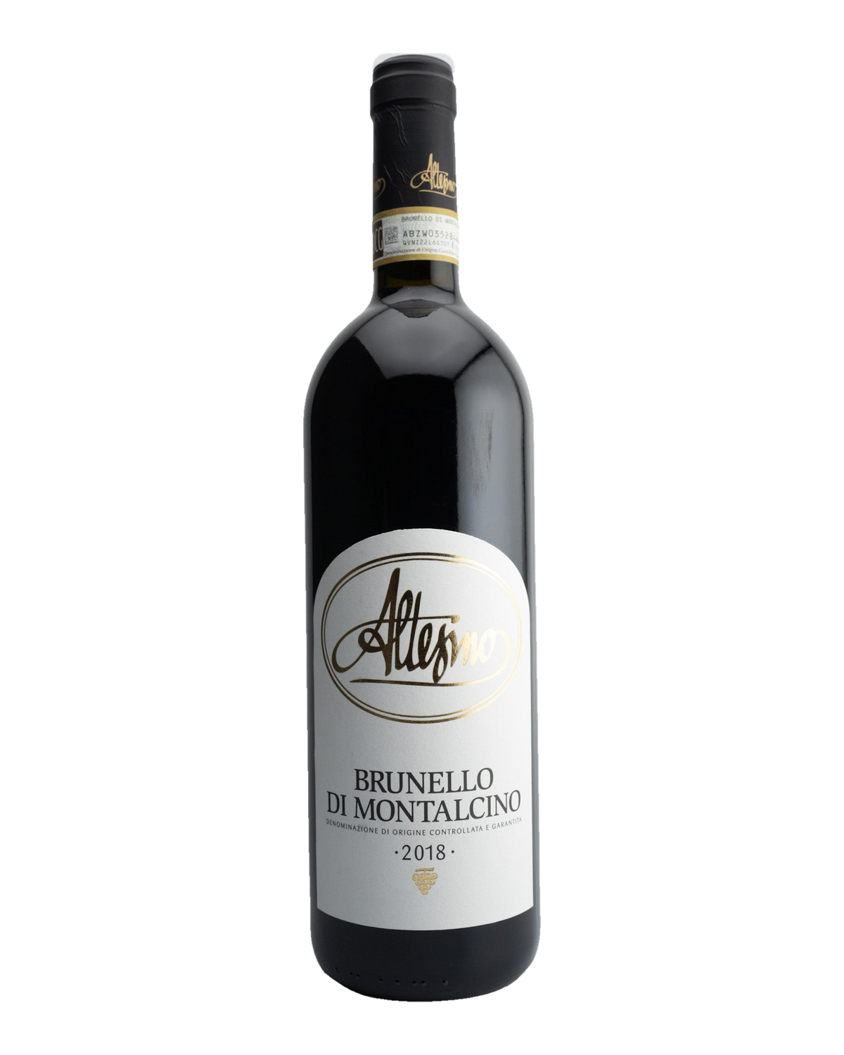 A bottle of 2018 Altesino Brunello di Montalcino wine with a label showing the brand name and the vintage year.