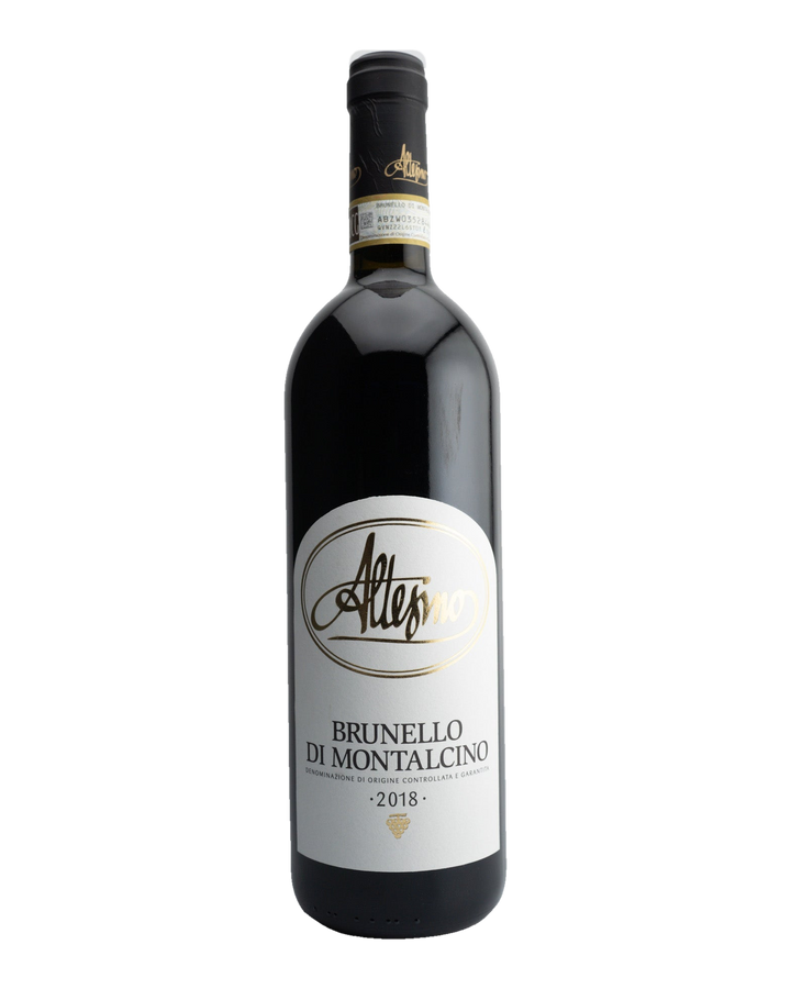 A bottle of 2018 Altesino Brunello di Montalcino wine with a label showing the brand name and the vintage year.