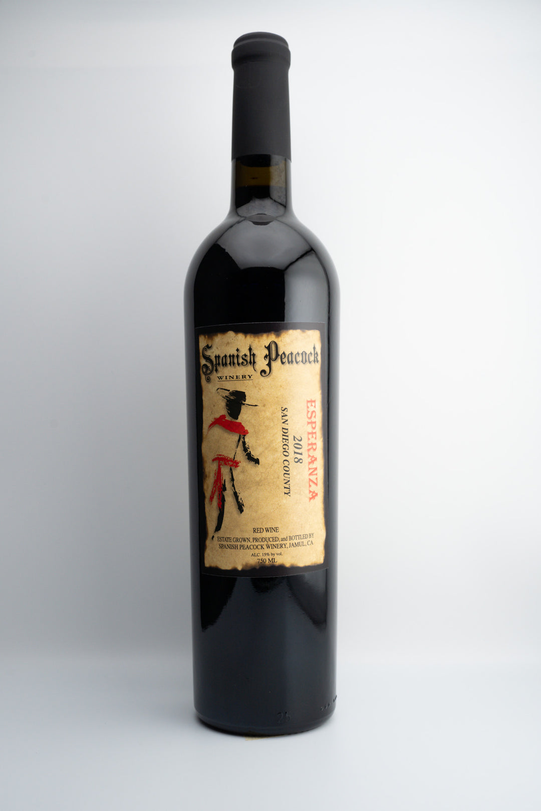 A bottle of 2018 Spanish Peacock Winery 'Esperanza' Syrah wine with a label that includes a historical figure and text.
