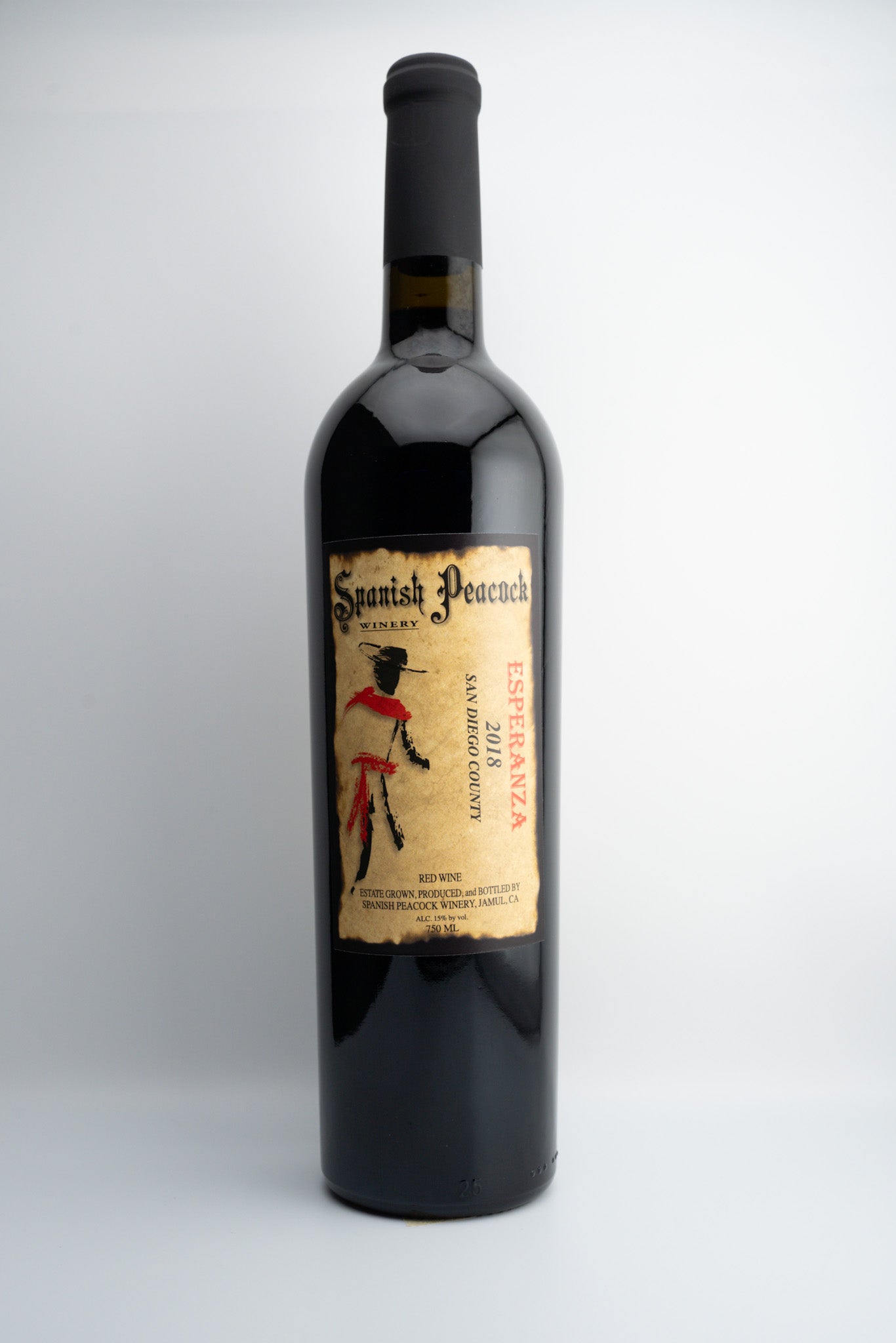 A bottle of 2018 Spanish Peacock Winery 'Esperanza' Syrah wine with a label that includes a historical figure and text.