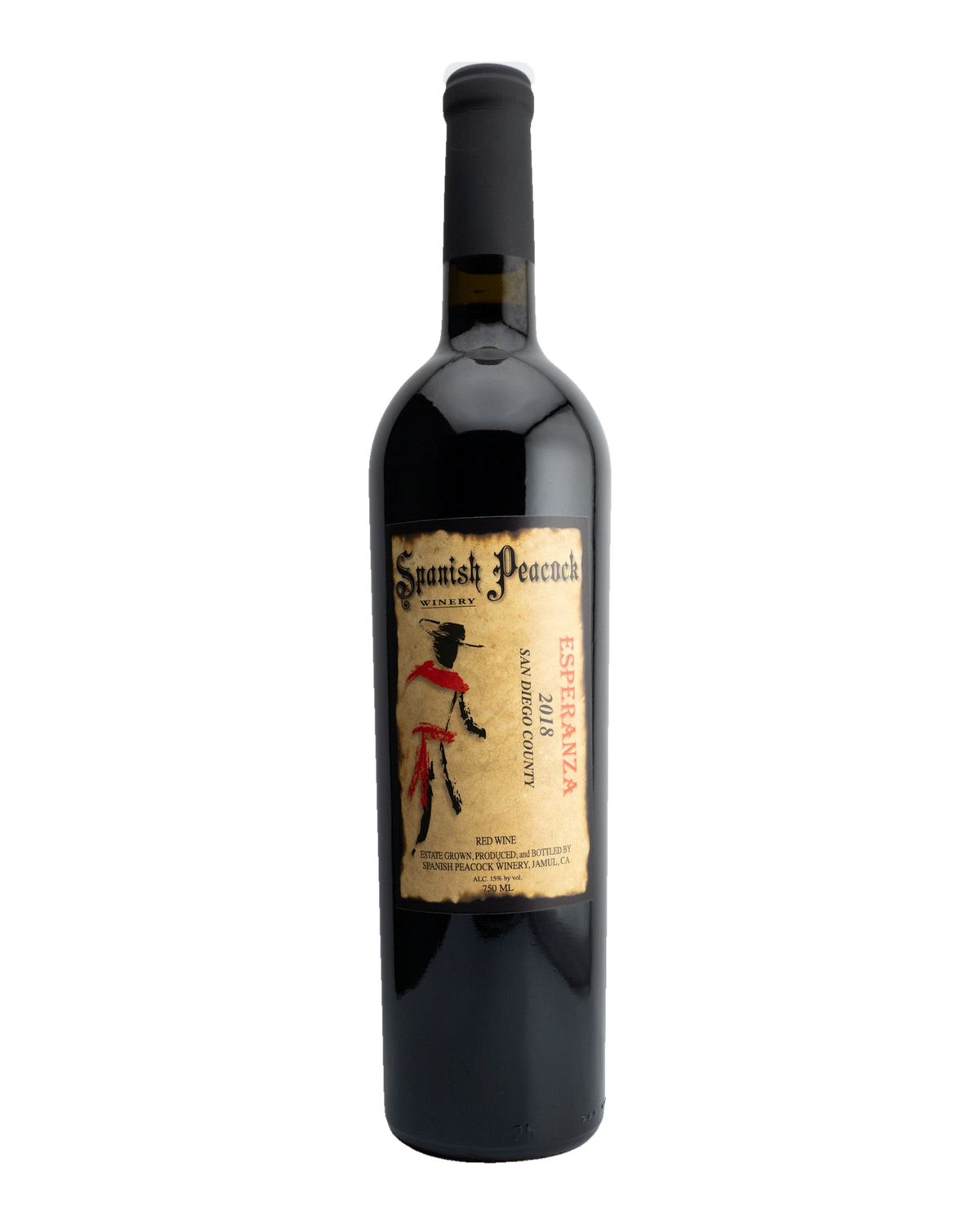 A bottle of 2018 Spanish Peacock Winery 'Esperanza' Syrah wine with a label that includes a historical figure and text.
