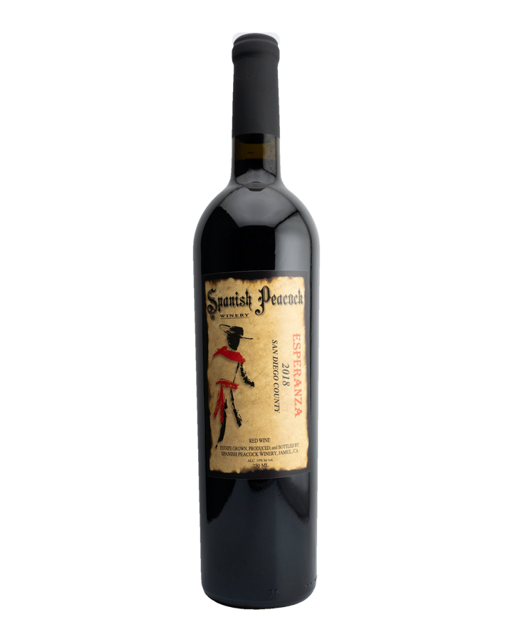 A bottle of 2018 Spanish Peacock Winery &