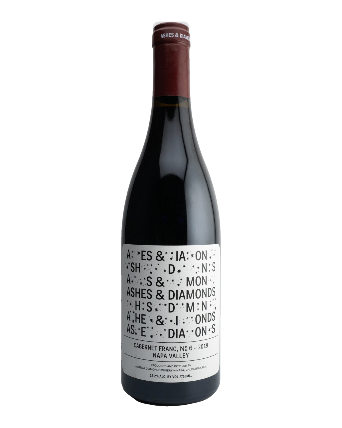 A bottle of 2019 Ashes & Diamonds Cabernet Franc wine with a label that includes the wine variety and 'Napa Valley, California'.