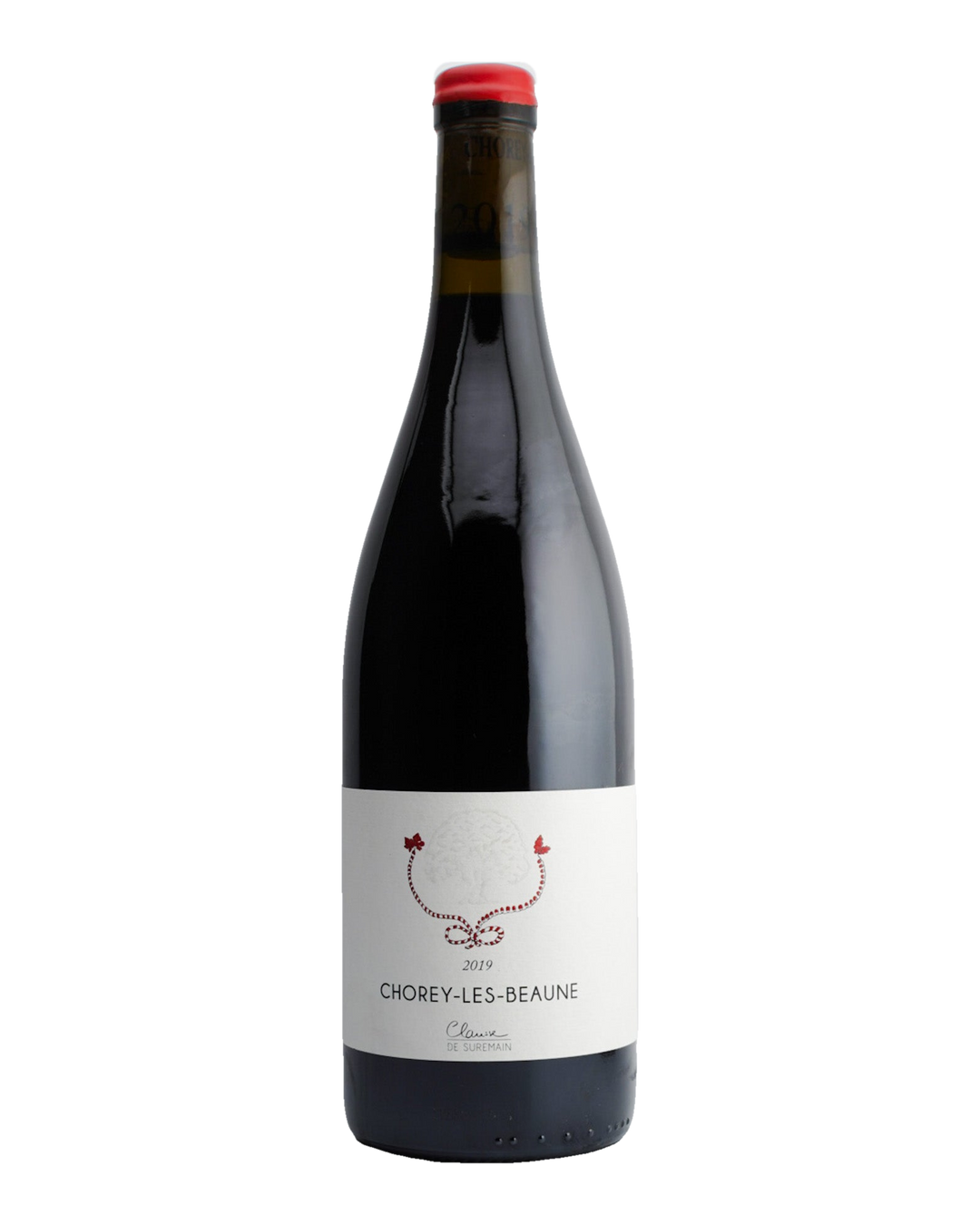 A bottle of 2019 Clarisse de Suremain Chorey-Les-Beaune Rouge wine with a red cap and a label featuring the wine variety and region.