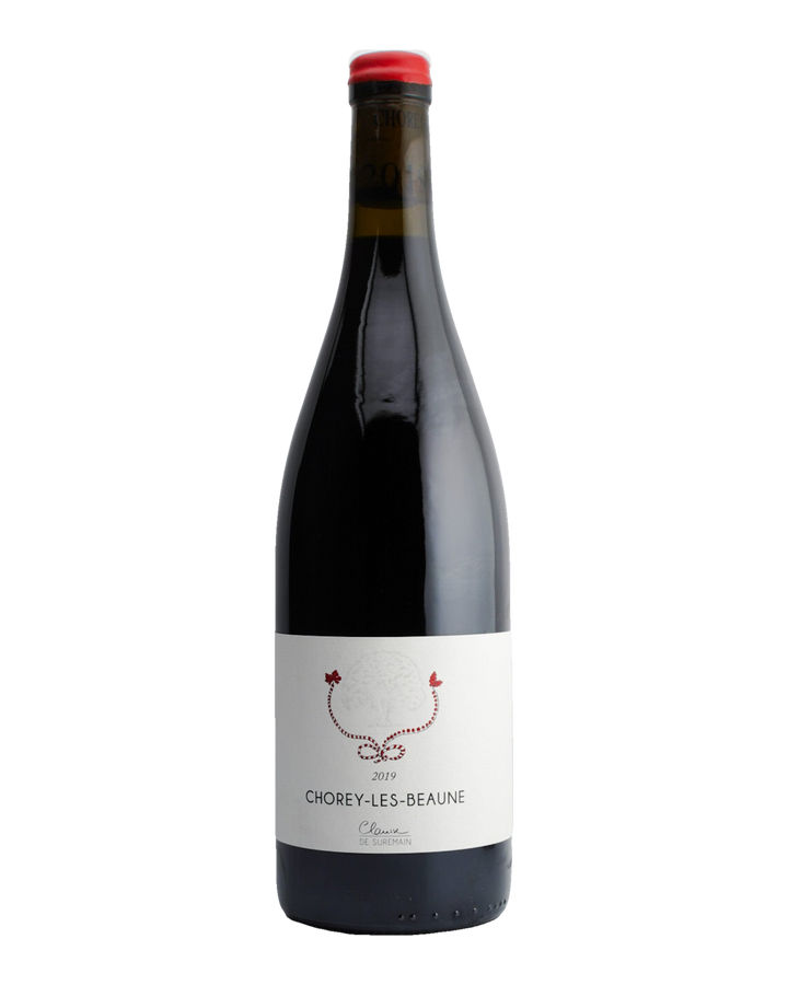 A bottle of 2019 Clarisse de Suremain Chorey-Les-Beaune Rouge wine with a red cap and a label featuring the wine variety and region.