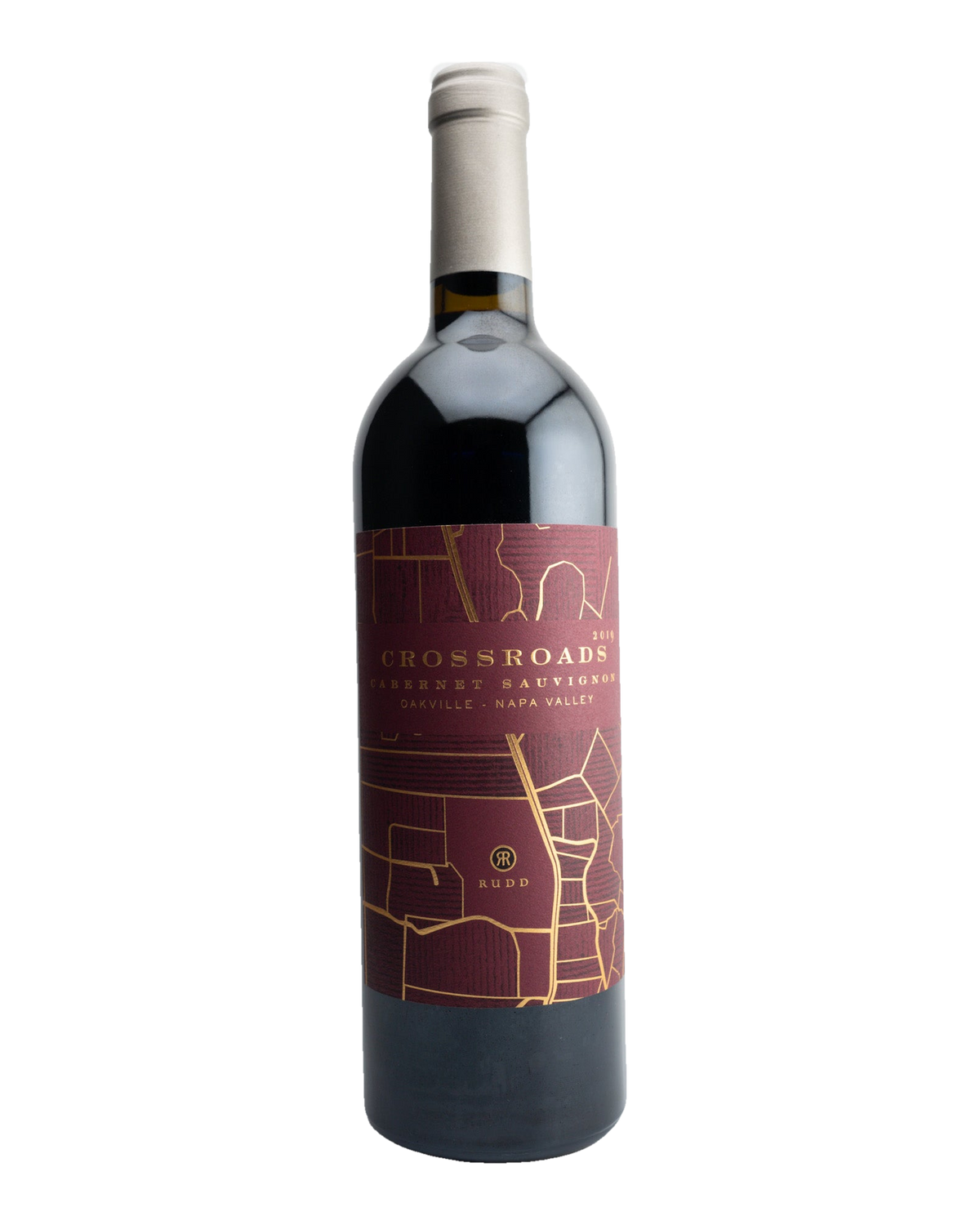 A bottle of 2019 Crossroads by Rudd Cabernet Sauvignon with a label showcasing a map of the Oakville area in Napa Valley.