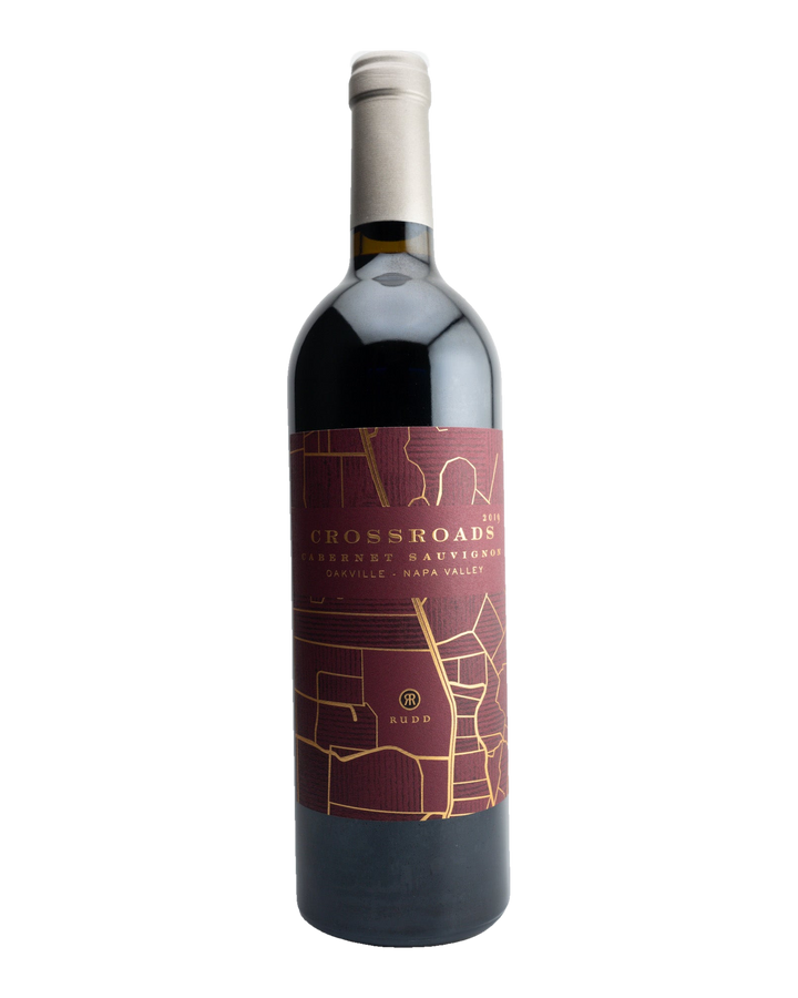 A bottle of 2019 Crossroads by Rudd Cabernet Sauvignon with a label showcasing a map of the Oakville area in Napa Valley.