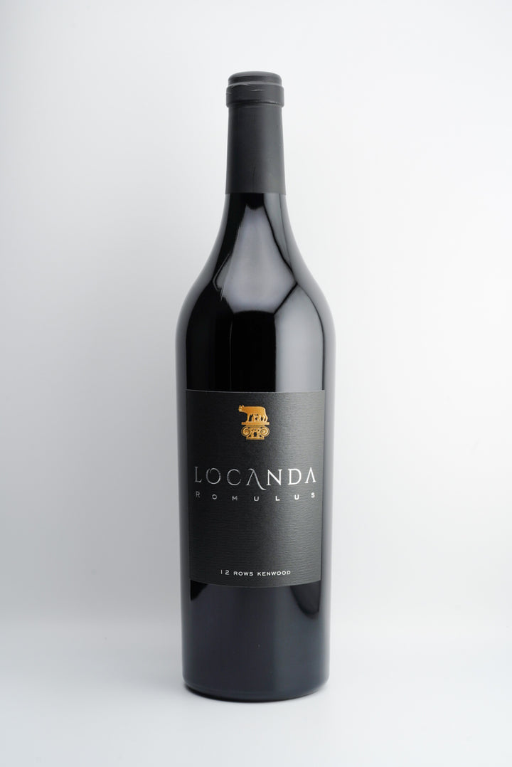 A bottle of 2019 Locanda Estate 'Romulus' wine, with a dark label and gold accents on the label.