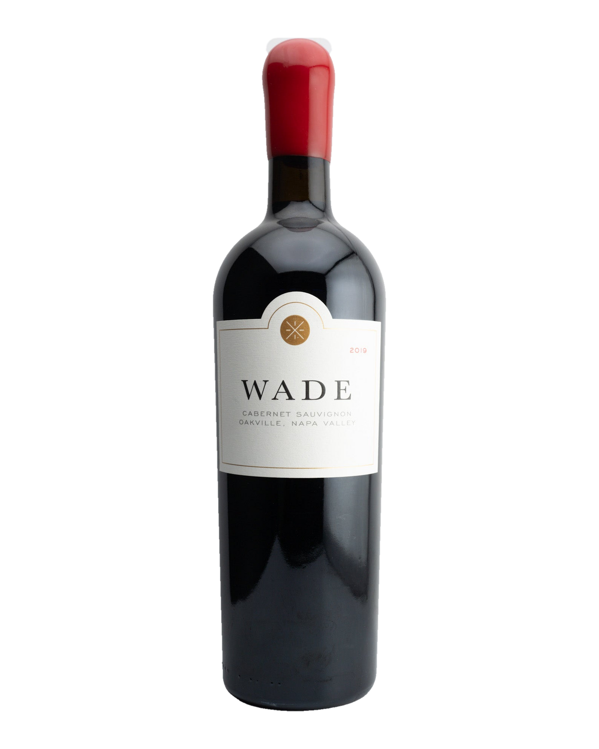 A bottle of 2019 Wade Cellars Cabernet Sauvignon with a dark label and a red cap.