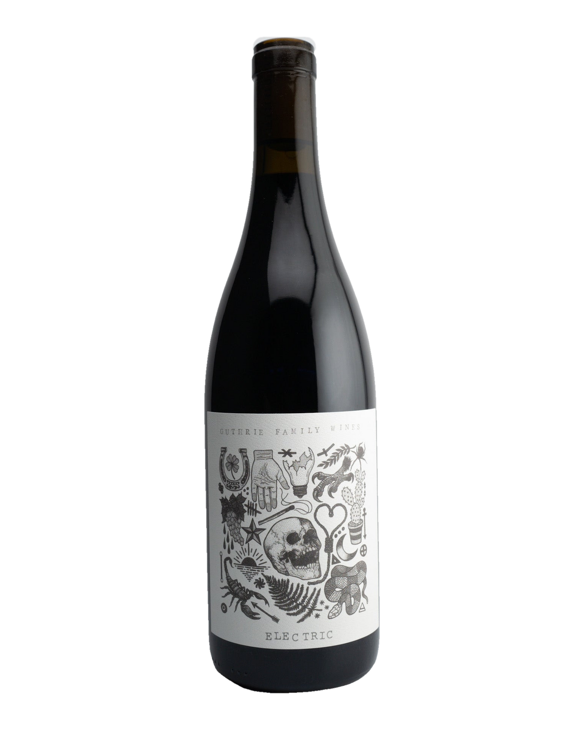 A bottle of 2019 Guthrie Family Wines 'Electric' Syrah with a dark label featuring skull and bone illustrations.