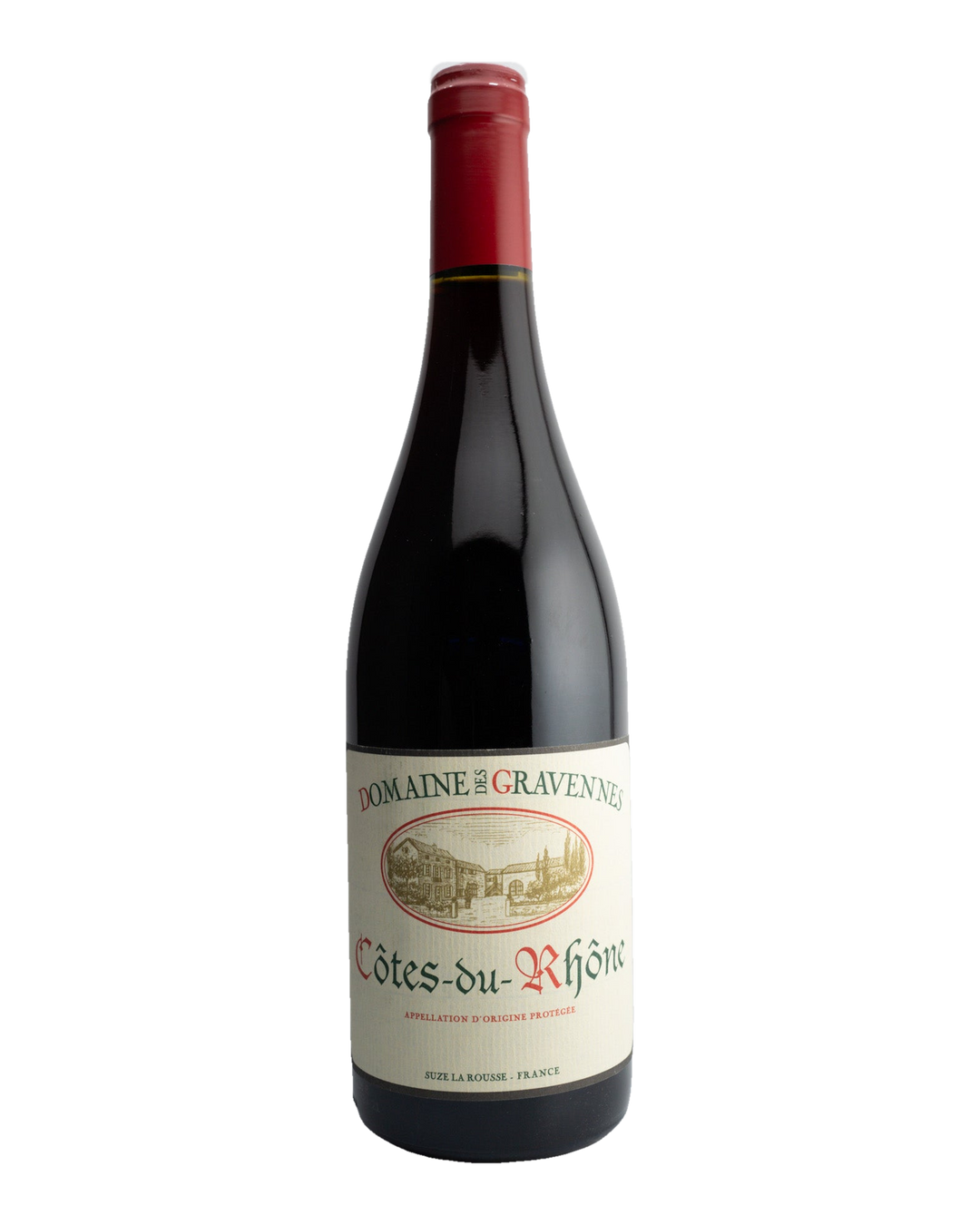 A bottle of 2020 Domaine des Gravennes Côtes du Rhône wine from the Rhône Valley, France.