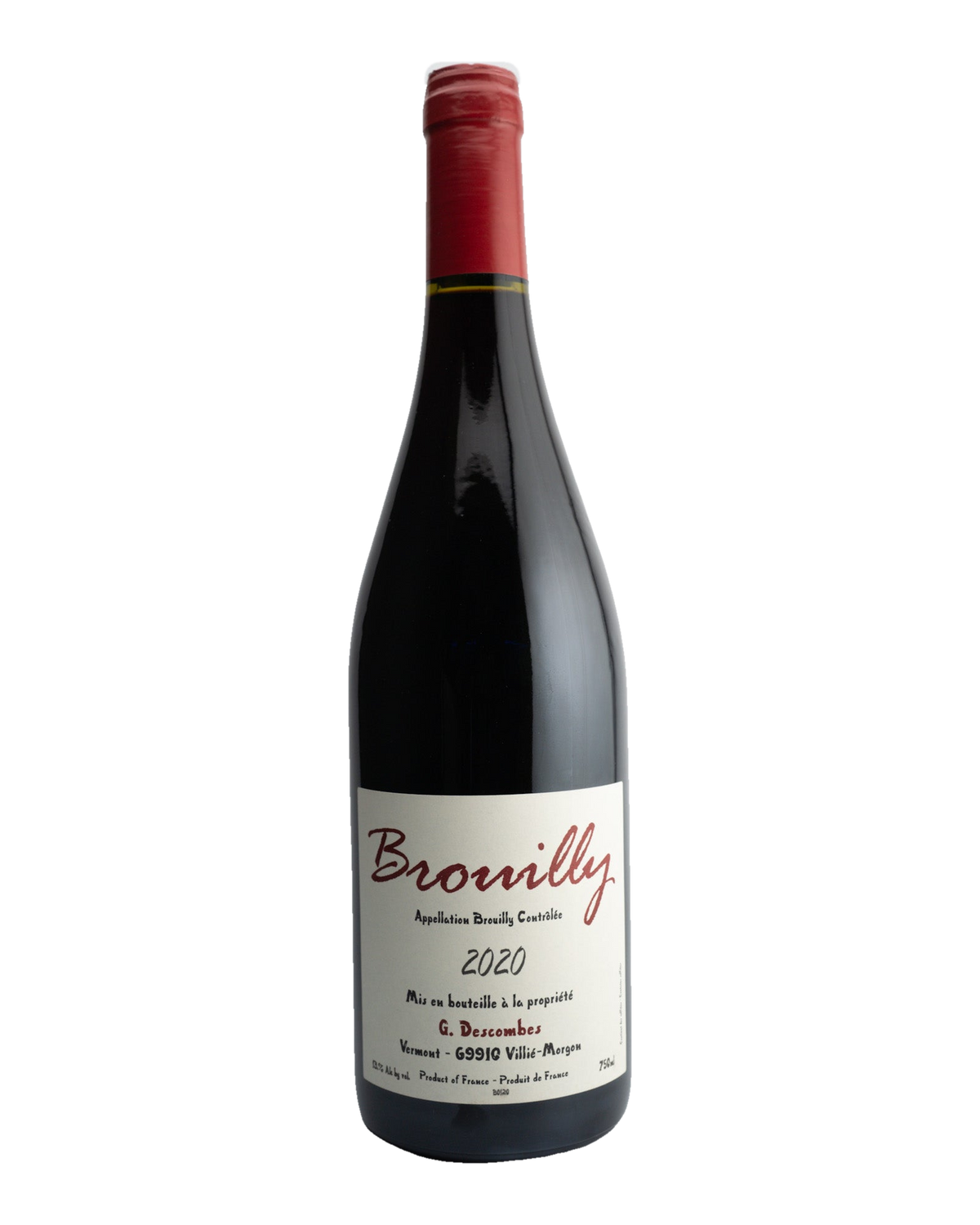 A bottle of 2020 Georges Descombes Brouilly wine with a red label, organically farmed, from Beaujolais, France.