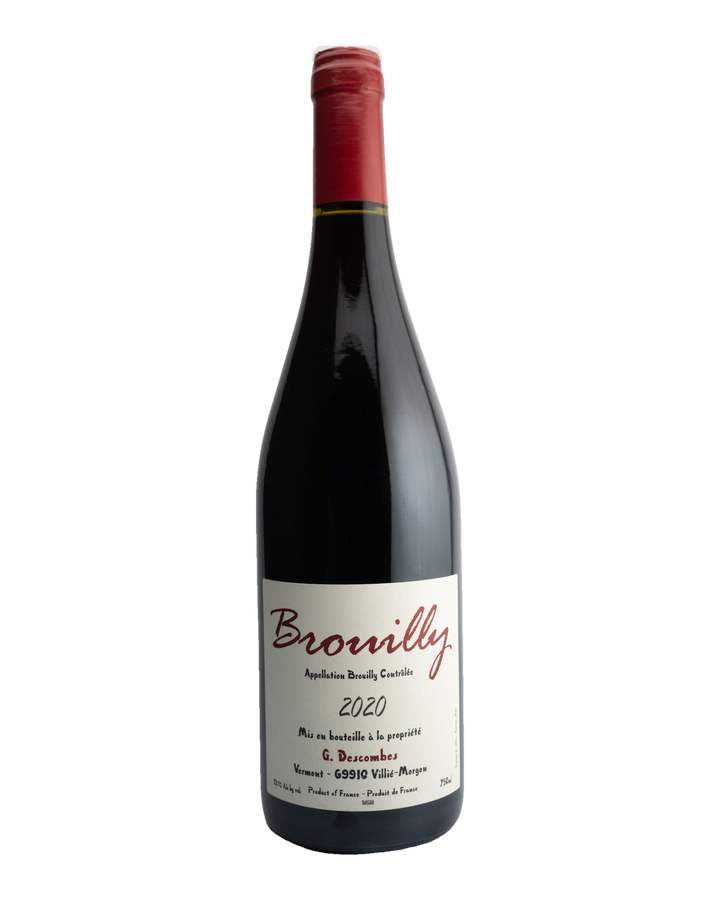A bottle of 2020 Georges Descombes Brouilly wine with a red label, organically farmed, from Beaujolais, France.