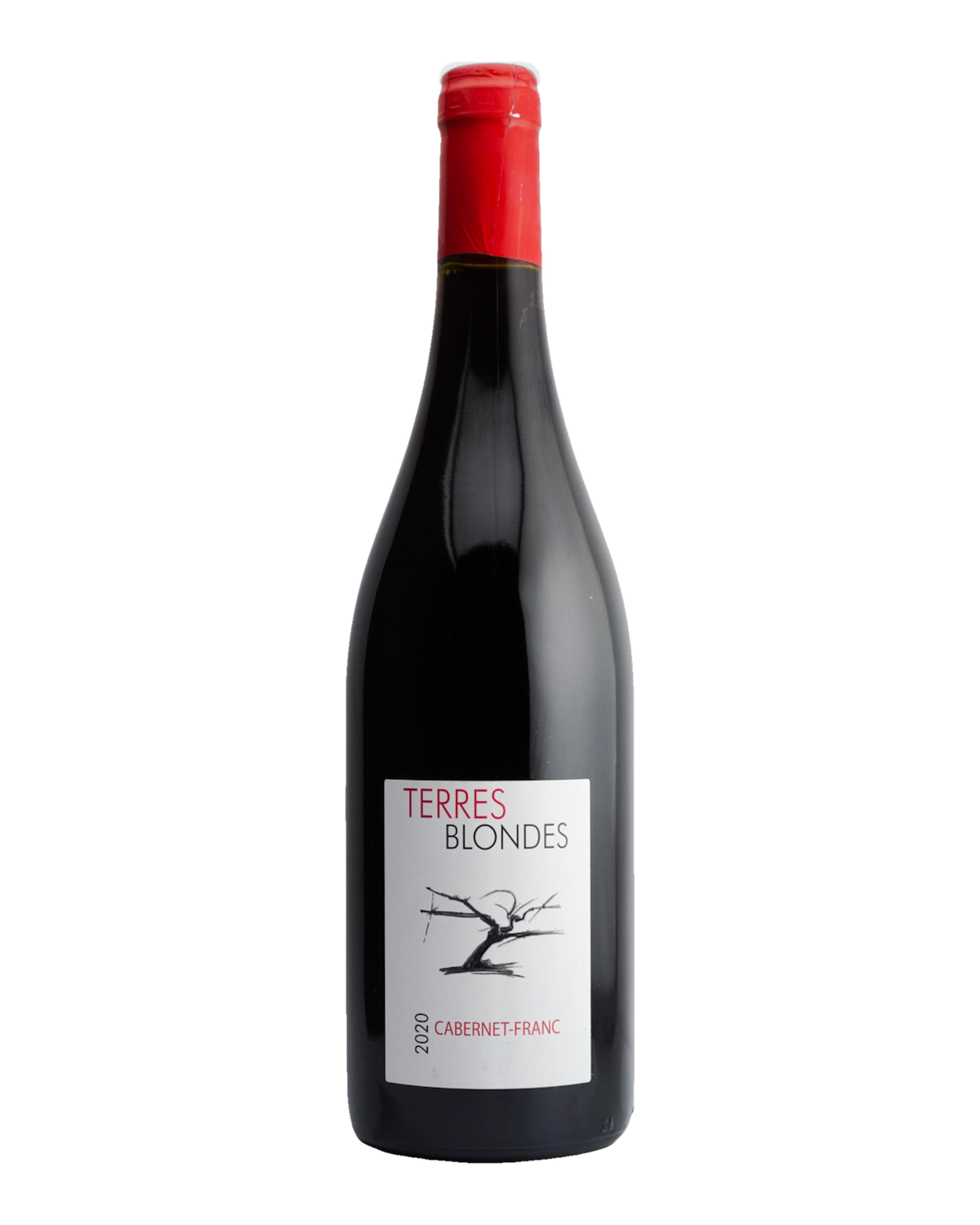 A bottle of 2020 Terres Blondes Cabernet Franc wine with a red cap and a label featuring the name of the wine and the varietal.
