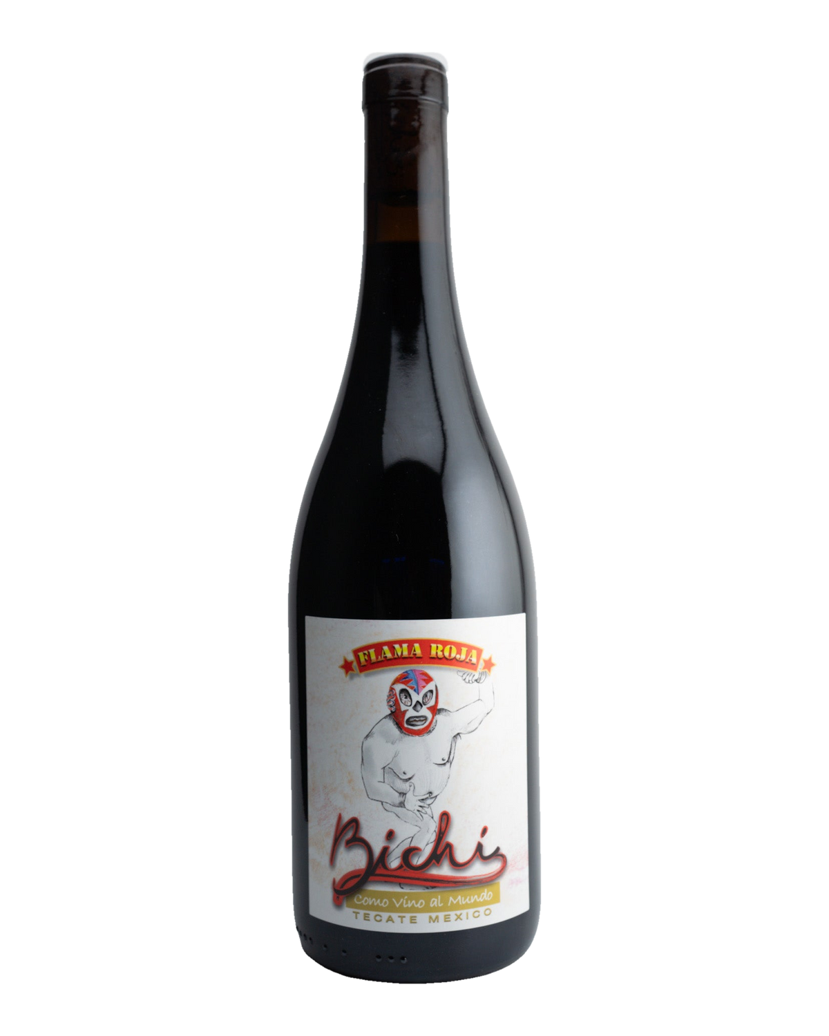 A bottle of 2021 Bichi 'Flama Roja' wine with a label featuring a graphic of a peacock and the text 'BICHI'.