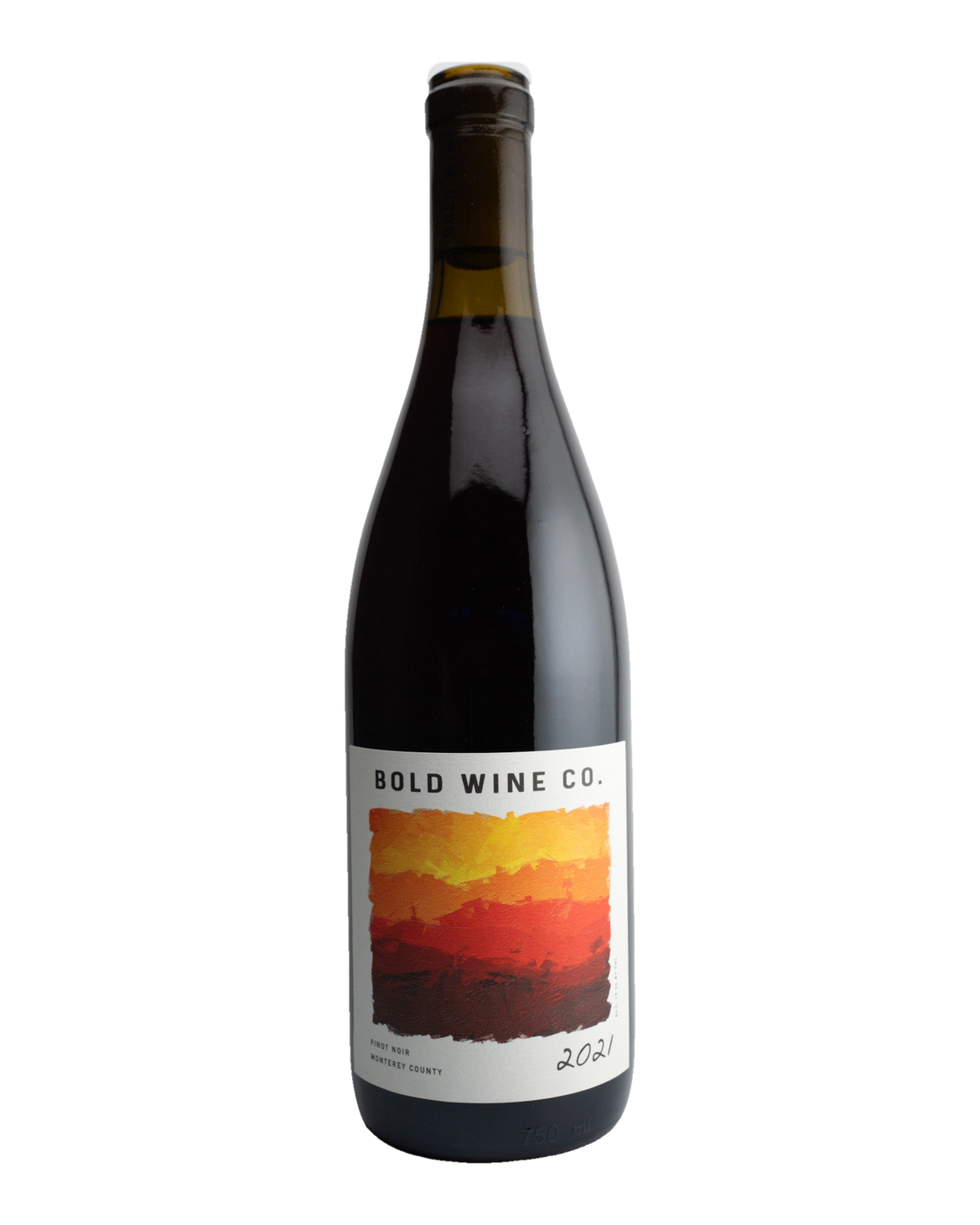 A bottle of 2021 Bold Wine Co. Pinot Noir with a label showing a warm sunset-like color and the text '2021'.