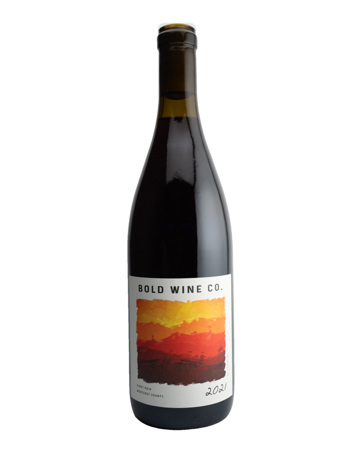 A bottle of 2021 Bold Wine Co. Pinot Noir with a label showing a warm sunset-like color and the text &