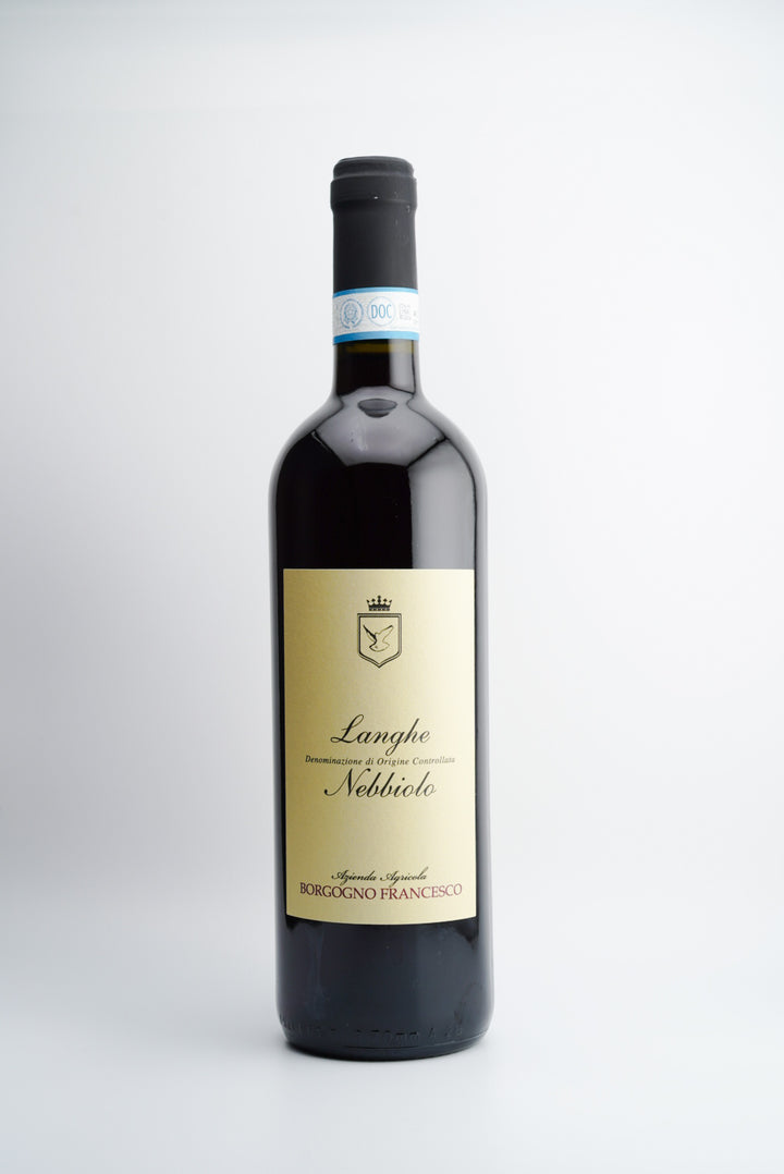 A bottle of 2021 Borgogno Francesco Nebbiolo, Langhe DOC, Piedmont, Italy wine with a label that includes the name of the wine and the region.