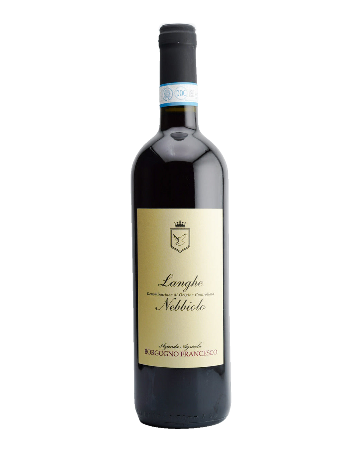 A bottle of 2021 Borgogno Francesco Nebbiolo, Langhe DOC, Piedmont, Italy wine with a label that includes the name of the wine and the region.