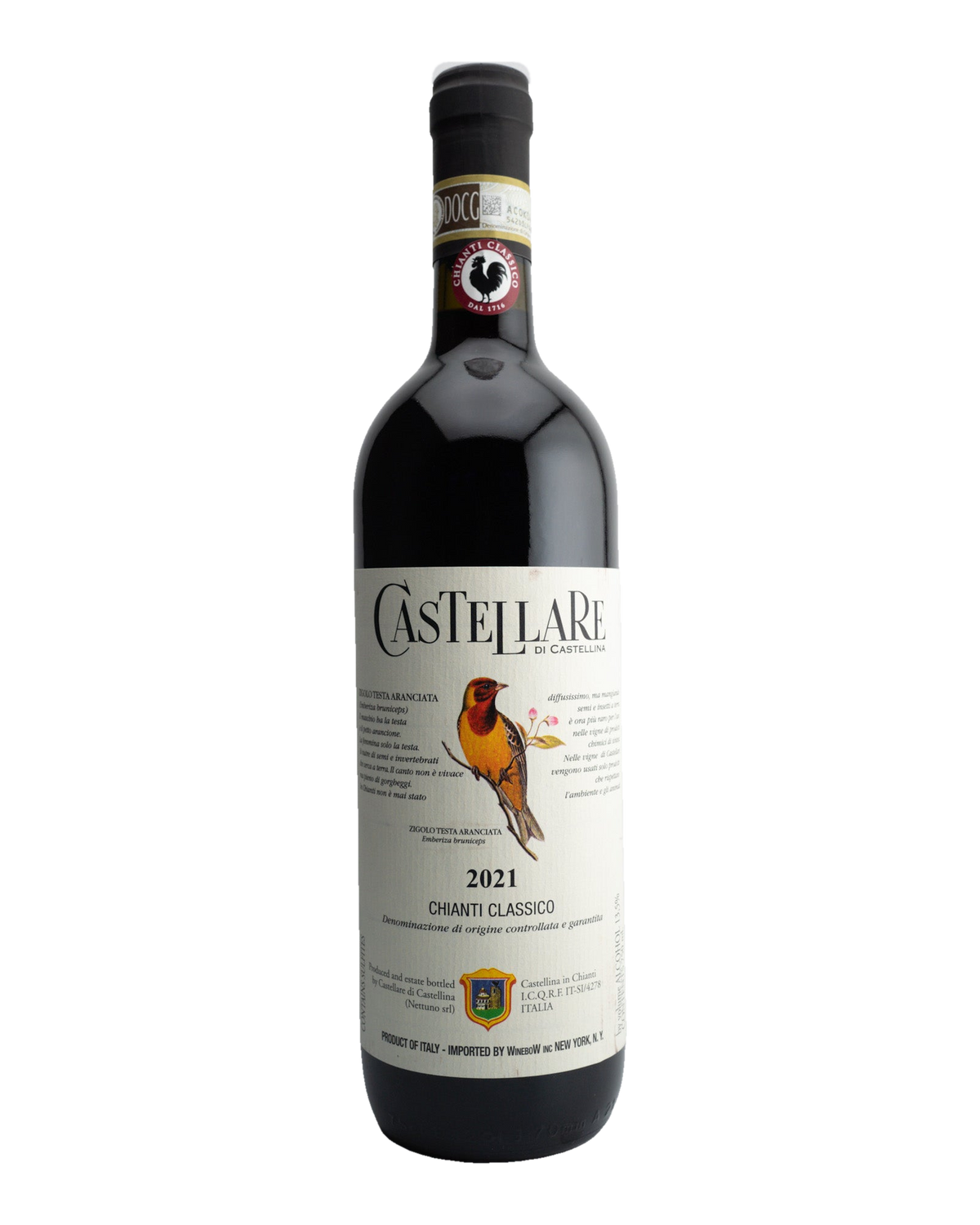 A bottle of 2021 Castellare Chianti Classico red wine with a label featuring a bird and vineyards.