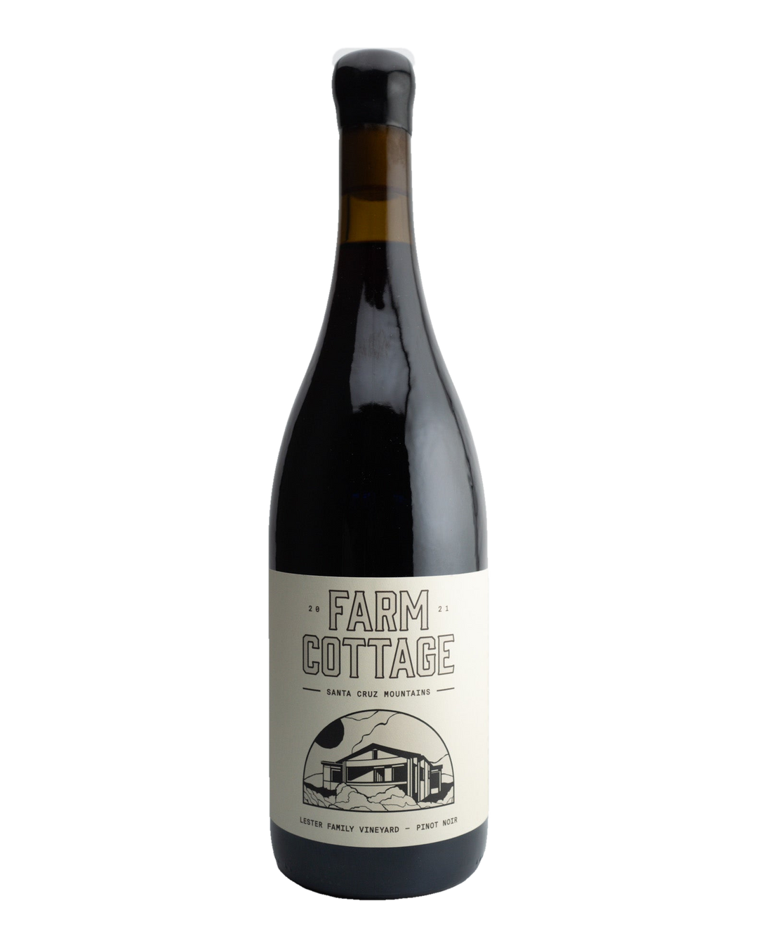 A bottle of 2021 Farm Cottage Wines Pinot Noir with a label showcasing the winery&