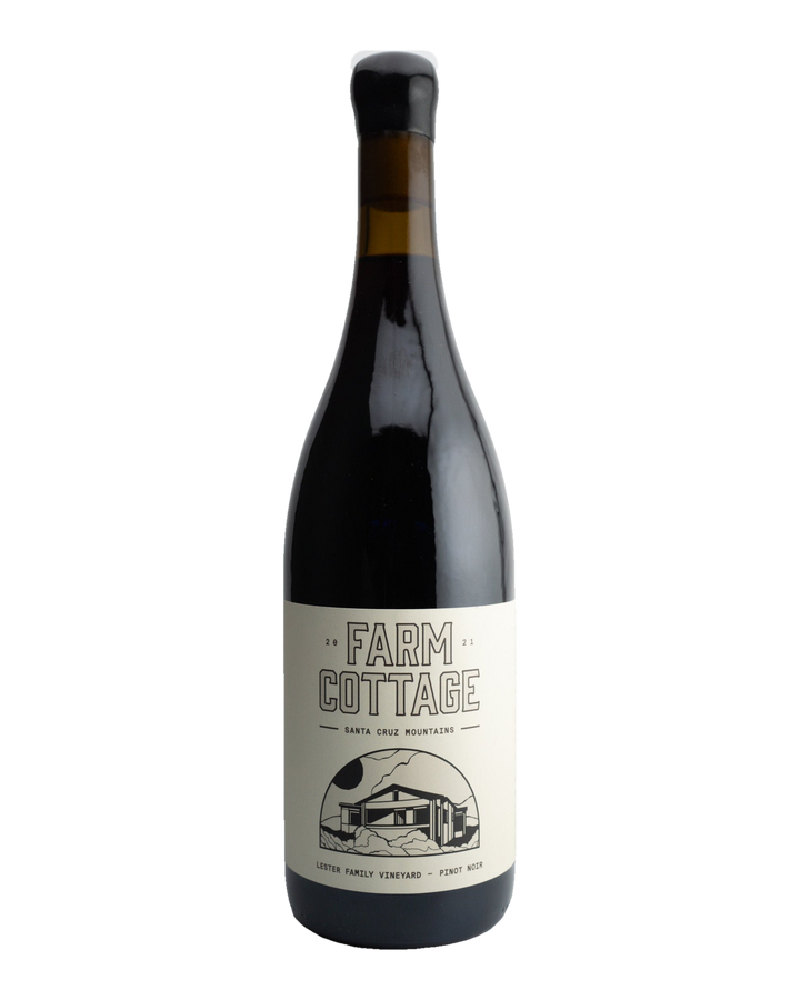 A bottle of 2021 Farm Cottage Wines Pinot Noir with a label showcasing the winery&