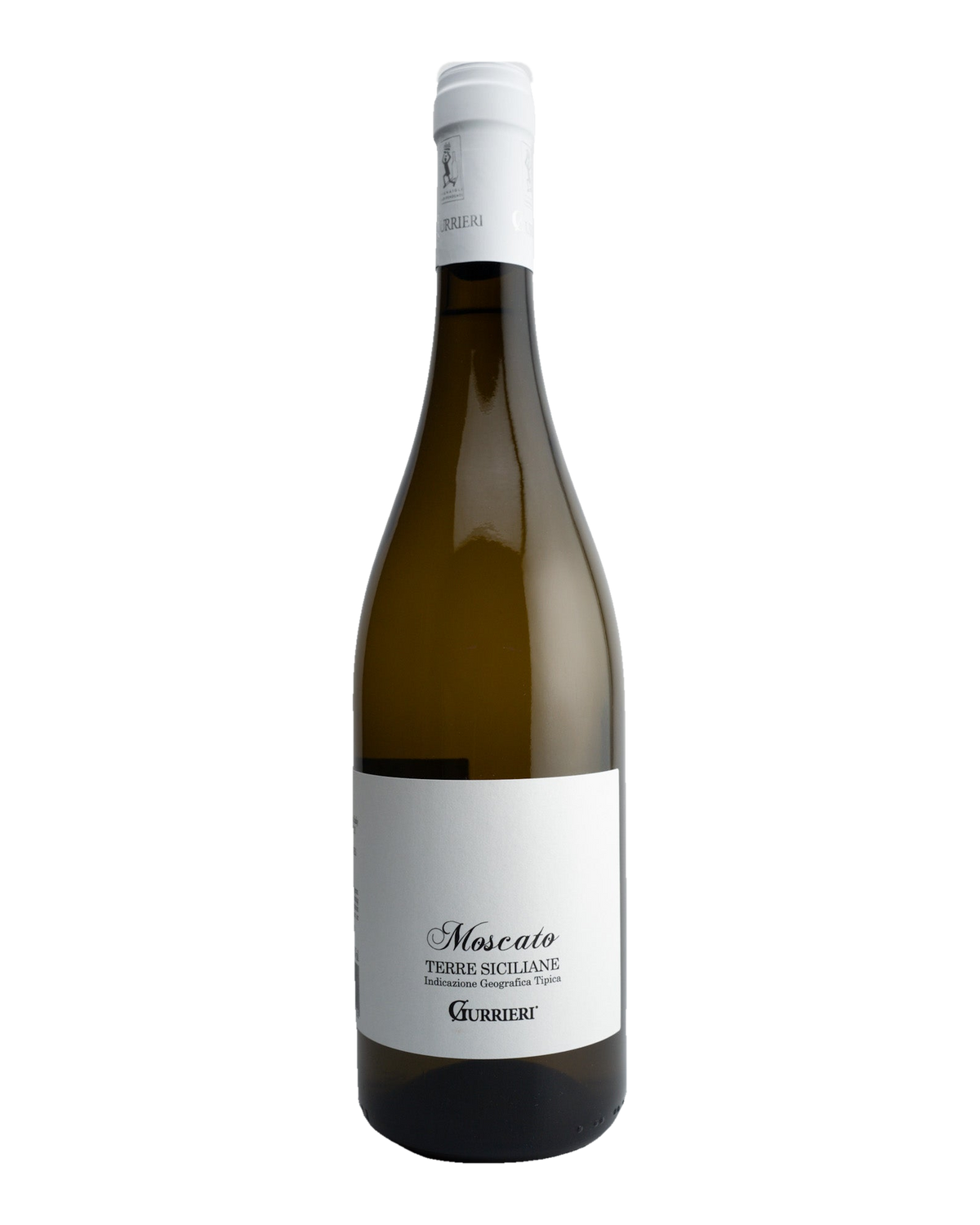 A bottle of 2021 Gurrieri Moscato wine from Sicily, Italy with a white label.