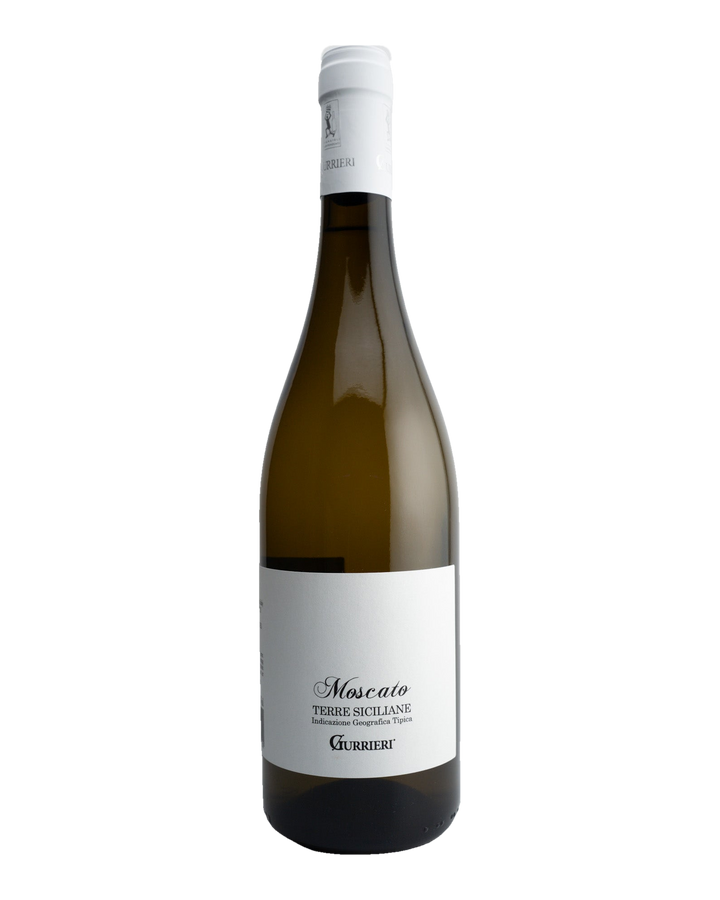 A bottle of 2021 Gurrieri Moscato wine from Sicily, Italy with a white label.