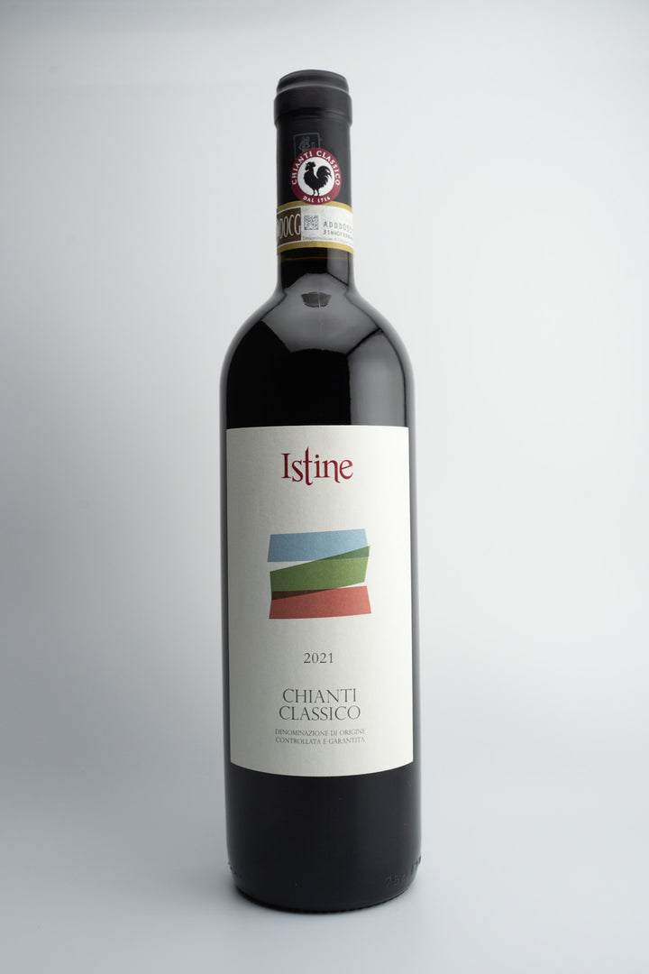 A bottle of 2021 Istine Chianti Classico DOCG wine from Tuscany, Italy.