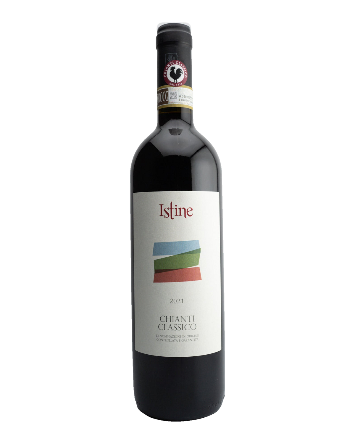 A bottle of 2021 Istine Chianti Classico DOCG wine from Tuscany, Italy.