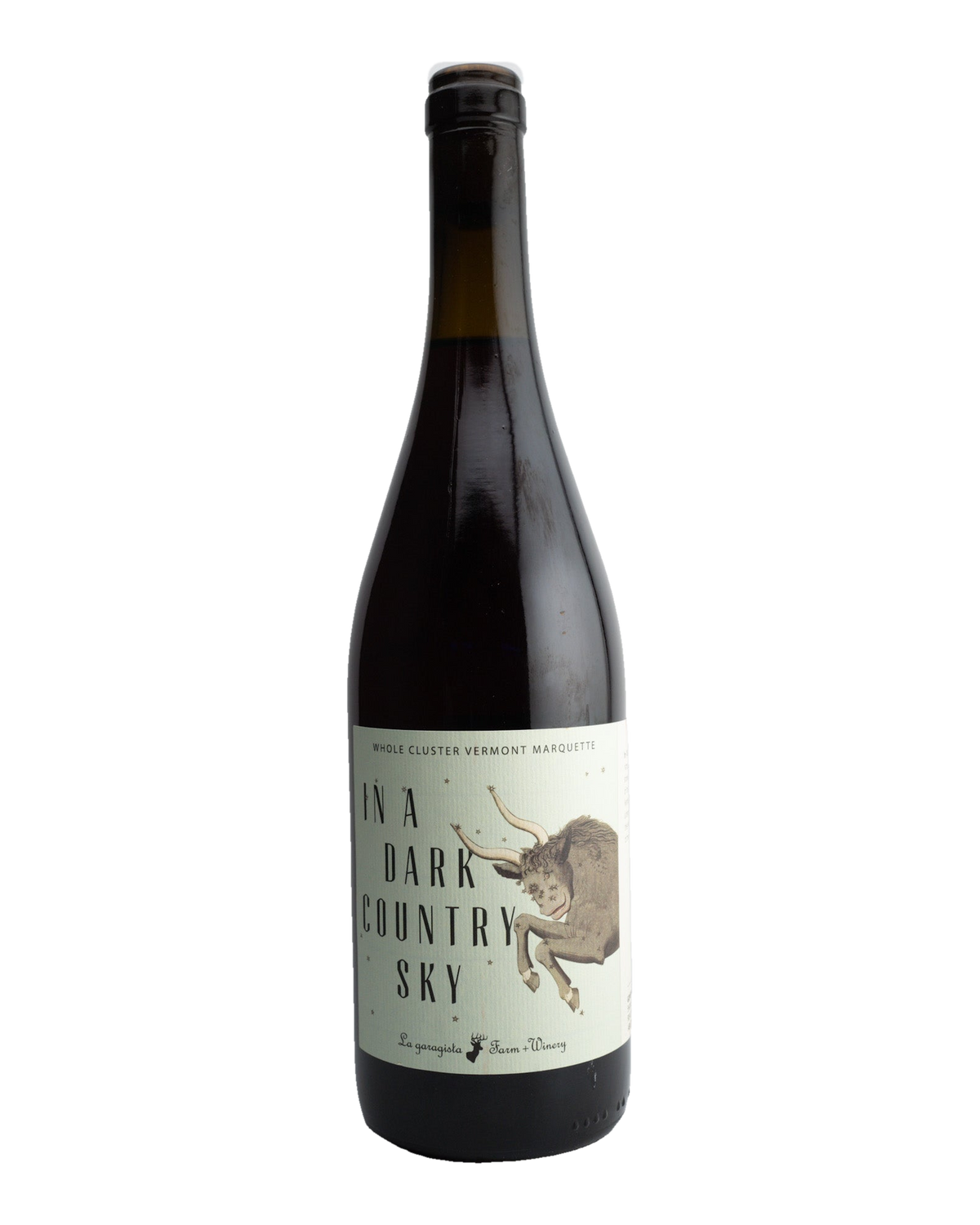 A bottle of 2021 La Garagista 'In a Dark Country Sky' wine with a label featuring an illustration of a bull.