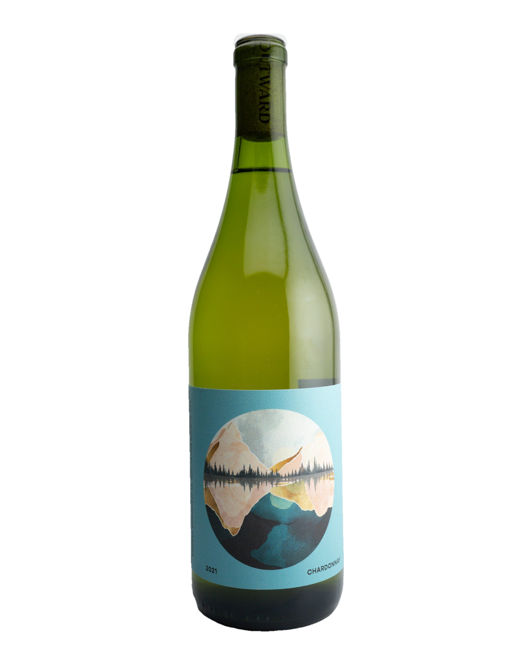 A bottle of 2021 Outward Wines Bassi Vineyard Chardonnay with a label showcasing a stylized landscape.