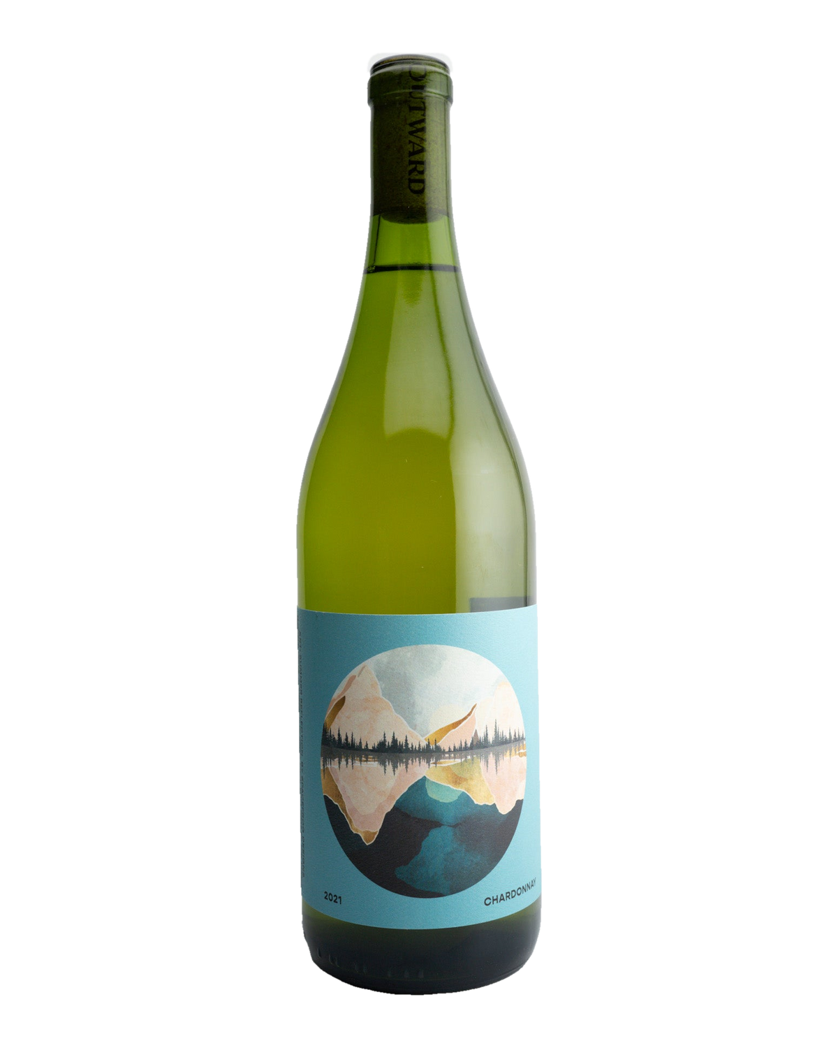 A bottle of 2021 Outward Wines Bassi Vineyard Chardonnay with a label showcasing a stylized landscape.