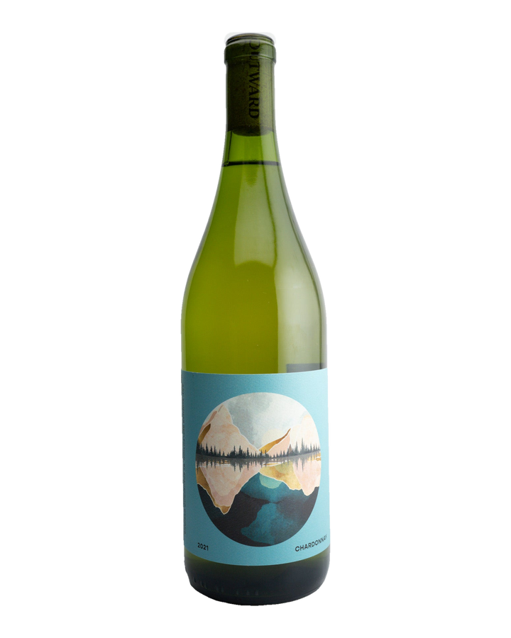 A bottle of 2021 Outward Wines Bassi Vineyard Chardonnay with a label showcasing a stylized landscape.
