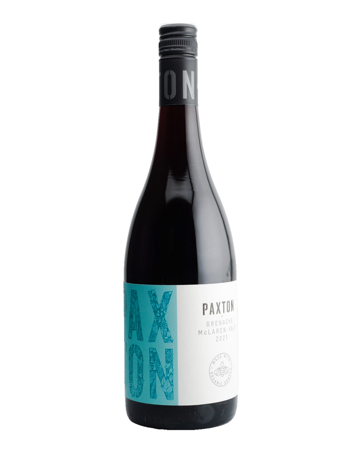 A bottle of 2021 Paxton Grenache wine with a teal label, from McLaren Vale, South Australia.