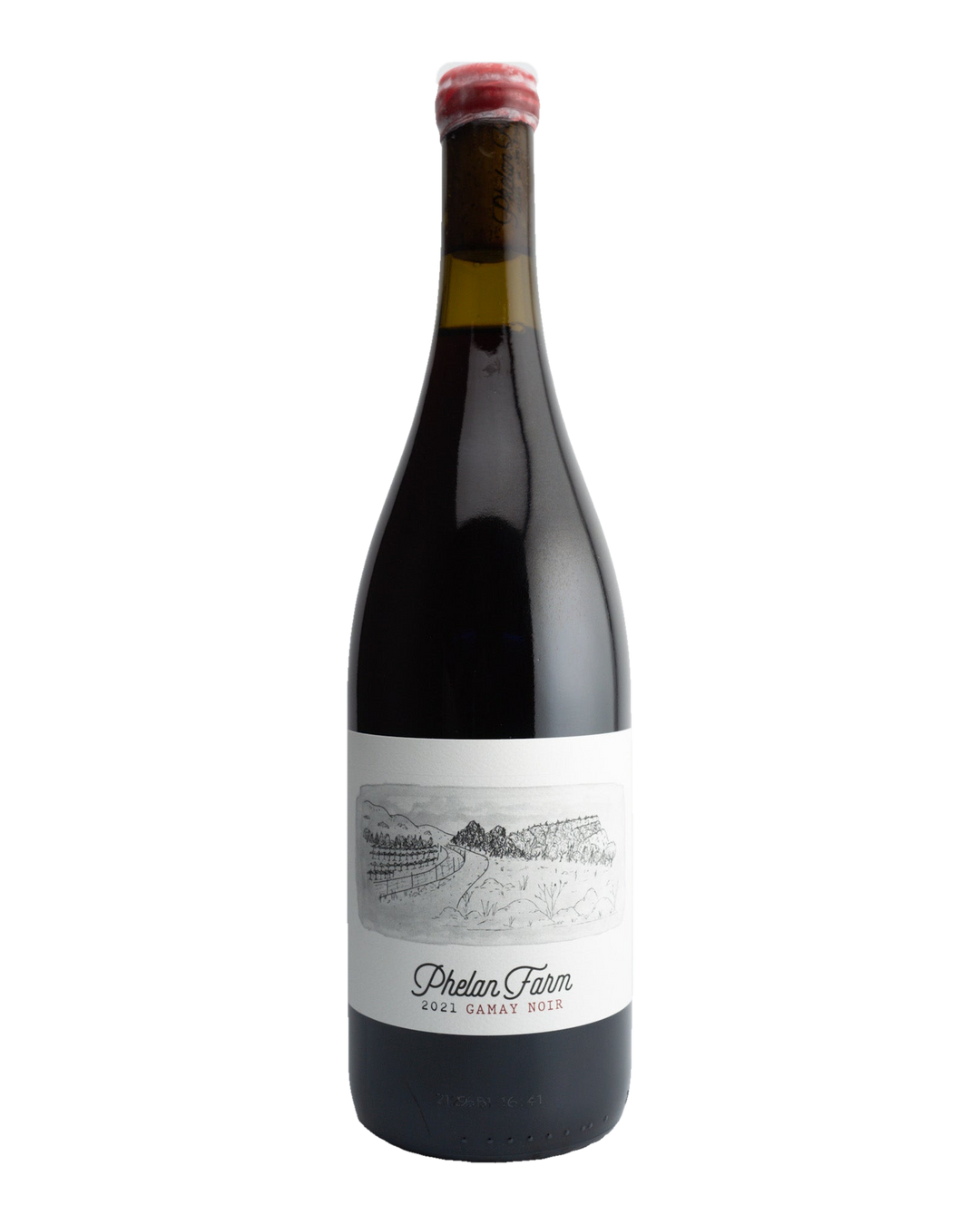 A bottle of 2021 Phelan Farms Gamay Noir wine with a label that includes the brand name and the word &