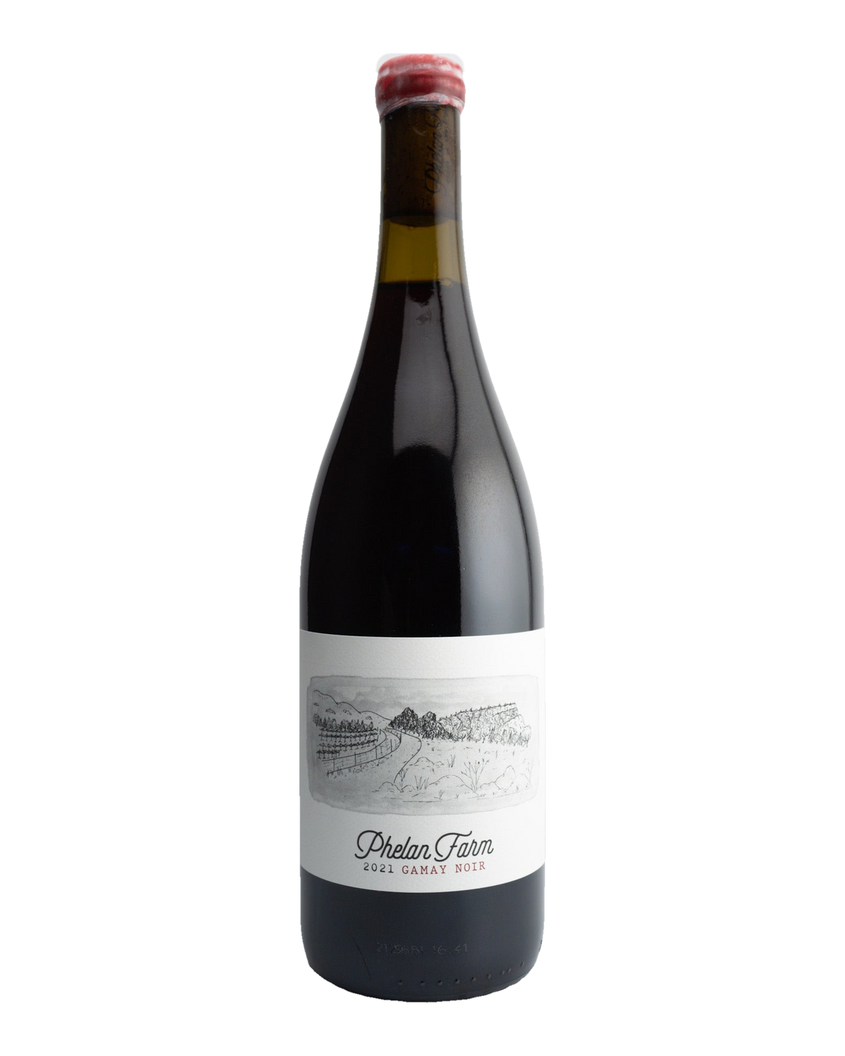 A bottle of 2021 Phelan Farms Gamay Noir wine with a label that includes the brand name and the word 'Gamay'.