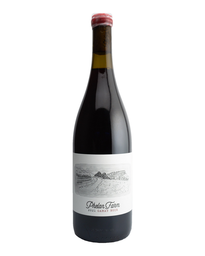 A bottle of 2021 Phelan Farms Gamay Noir wine with a label that includes the brand name and the word &