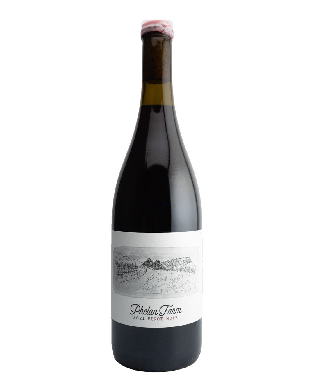 A bottle of 2021 Phelan Farms Pinot Noir with a label that includes the wine variety and the San Luis Obispo Coast location. The cap of the bottle is red.