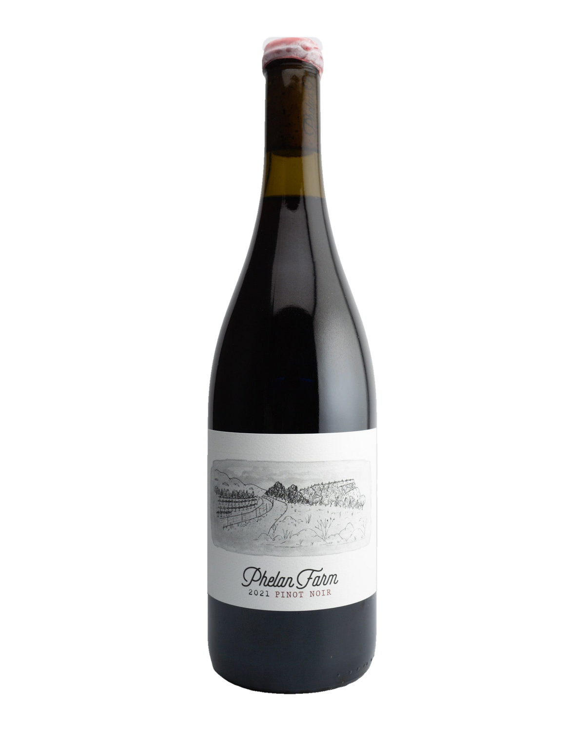A bottle of 2021 Phelan Farms Pinot Noir with a label that includes the wine variety and the San Luis Obispo Coast location. The cap of the bottle is red.
