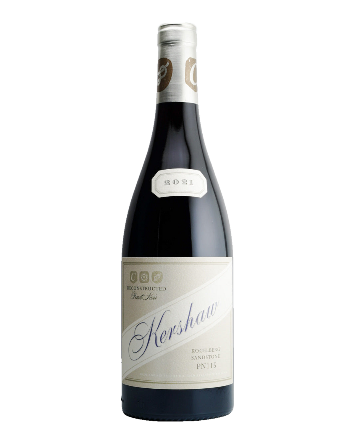 A bottle of Richard Kershaw 'Deconstructed PN115' Pinot Noir wine with a label that includes the brand name and the year 2021.